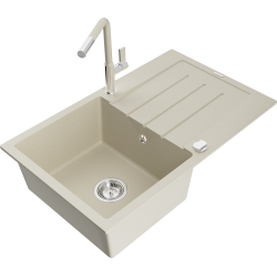 Mexen Bruno 1-compartment granite sink with a drip tray and kitchen mixer tap Flora, Beige - 6513-69-670401-09