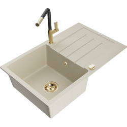 Mexen Bruno 1-compartment granite sink with a drip tray and kitchen mixer tap Flora, Beige - 6513-69-670401-57-G