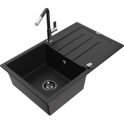 Mexen Bruno 1-compartment granite sink with a drip tray and kitchen mixer tap Flora, Black - 6513-77-670401-07-B