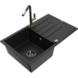 Mexen Bruno 1-compartment granite sink with a drip tray and kitchen mixer tap Flora, Black - 6513-77-670401-57-B