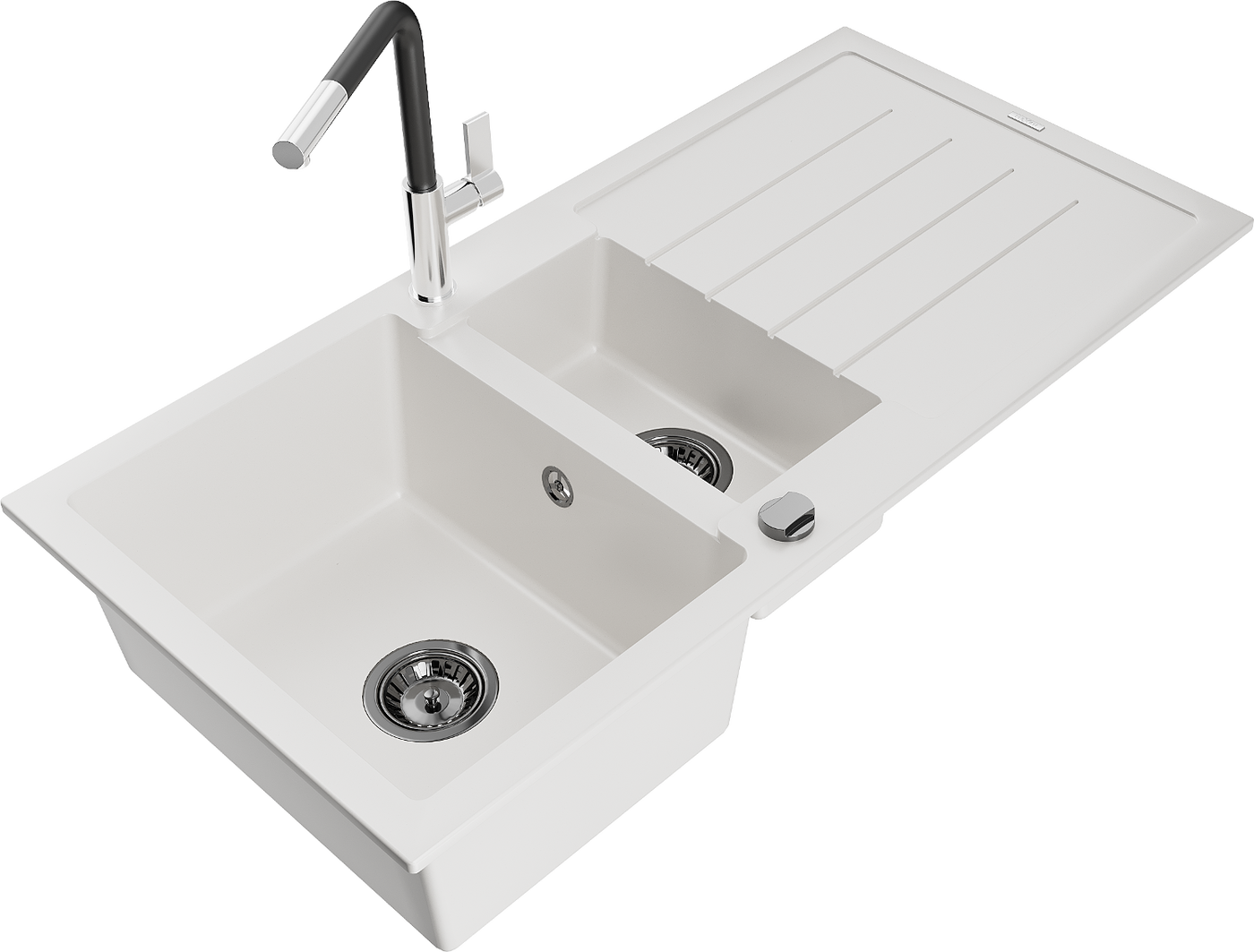 Mexen Andres 1.5-compartment granite sink with a drip tray and kitchen mixer tap Flora, White - 6515-20-670401-07-B