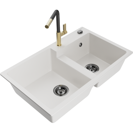 Mexen Tomas 2-compartment granite sink with a kitchen mixer tap Flora, White - 6516-20-670401-57-B