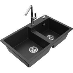 Mexen Tomas 2-compartment granite sink with a kitchen mixer tap Flora, Black/Silver metallic - 6516-73-670401-00