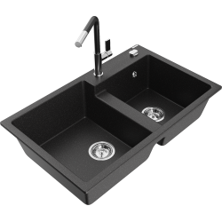 Mexen Tomas 2-compartment granite sink with a kitchen mixer tap Flora, Black/Silver metallic - 6516-73-670401-07
