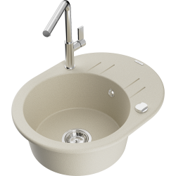 Mexen Kevin 1-compartment granite sink with a drip tray and kitchen mixer tap Flora, Beige - 6517-69-670401-00