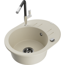 Mexen Kevin 1-compartment granite sink with a drip tray and kitchen mixer tap Flora, Beige - 6517-69-670401-07-B