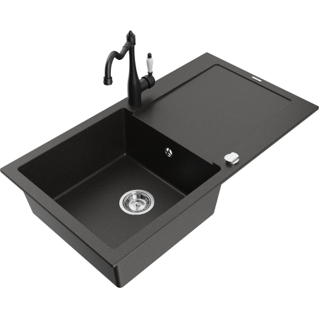 Mexen Leo 1-compartment granite sink with a drip tray and kitchen mixer tap Carla, Black/Gold metallic - 6501-75-670700-70