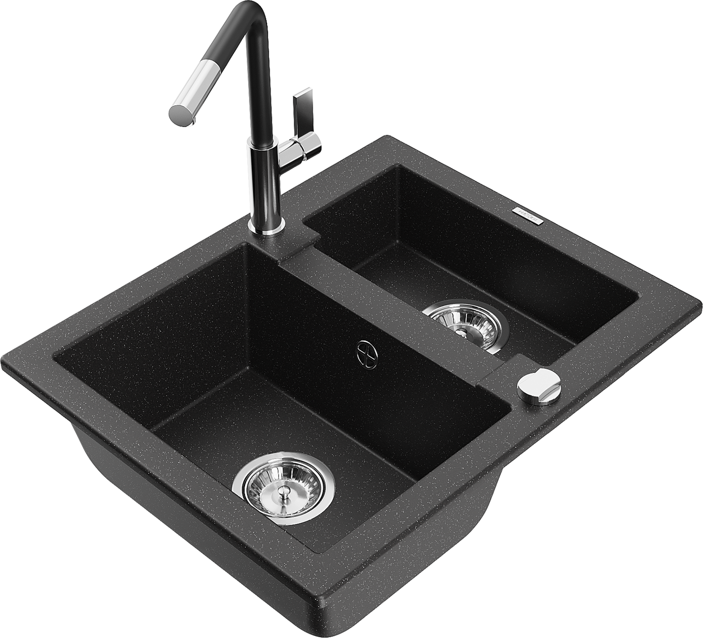 Mexen Carlos 1,5-compartment granite sink with a kitchen mixer tap Flora, Black/Silver metallic - 6518-73-670401-07
