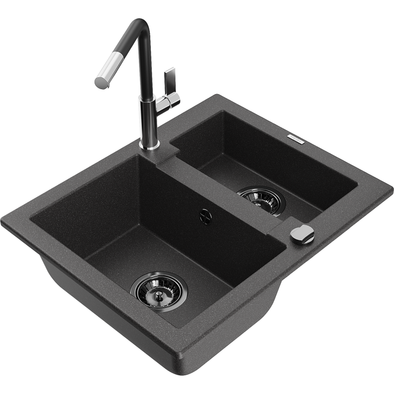 Mexen Carlos 1,5-compartment granite sink with a kitchen mixer tap Flora, spotted black - 6518-76-670401-07-B