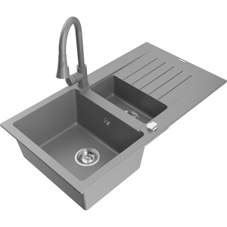 Mexen Matias 1.5-compartment granite sink with a drip tray and kitchen mixer tap Elia, Grey - 6502-71-670101-71