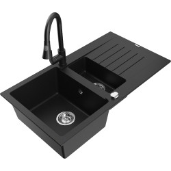 Mexen Matias 1.5-compartment granite sink with a drip tray and kitchen mixer tap Elia, Black - 6502-77-670101-70