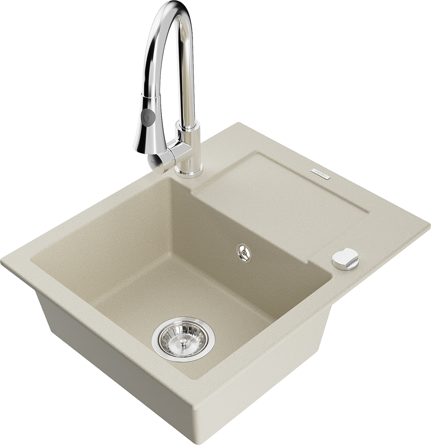 Mexen Enzo 1-compartment granite sink with a drip tray and kitchen mixer tap Elia, Beige - 6506-69-670101-00