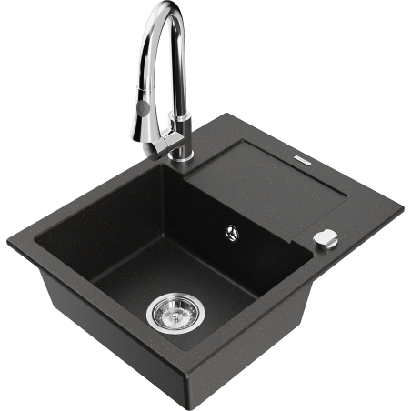 Mexen Enzo 1-compartment granite sink with a drip tray and kitchen mixer tap Elia, Black/Gold metallic - 6506-75-670101-00