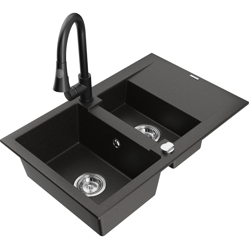 Mexen Gaspar 1.5-compartment granite sink with a drip tray and kitchen mixer tap Elia, Black/Gold metallic - 6507-75-670101-70