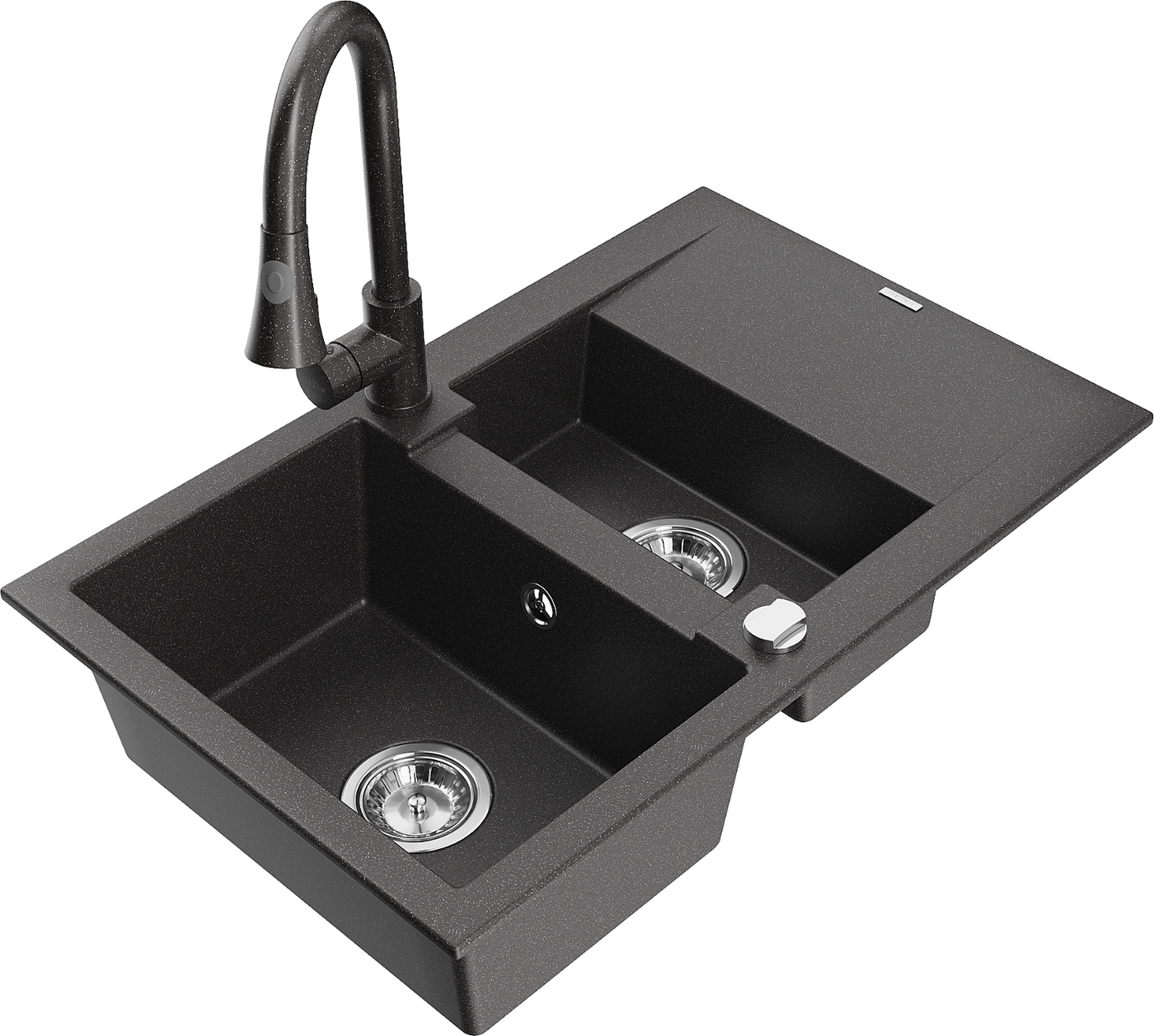 Mexen Gaspar 1.5-compartment granite sink with a drip tray and kitchen mixer tap Elia, spotted black - 6507-76-670101-76