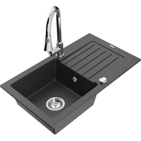 Mexen Pablo 1-compartment granite sink with a drip tray and kitchen mixer tap Elia, spotted black - 6510-76-670101-00