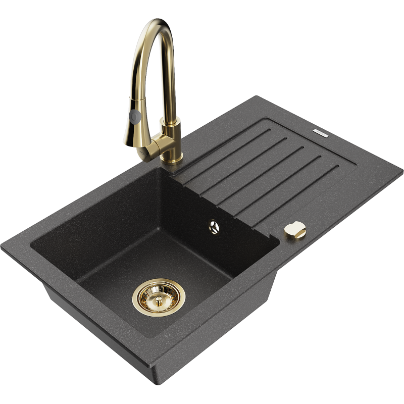 Mexen Pablo 1-compartment granite sink with a drip tray and kitchen mixer tap Elia, spotted black - 6510-76-670101-50