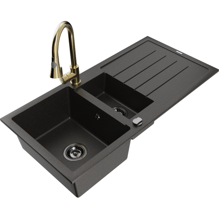 Mexen Andres 1.5-compartment granite sink with a drip tray and kitchen mixer tap Elia, Black/Gold metallic - 6515-75-670101-50-B