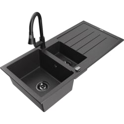 Mexen Andres 1.5-compartment granite sink with a drip tray and kitchen mixer tap Elia, spotted black - 6515-76-670101-70-B