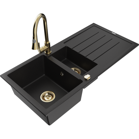 Mexen Andres 1.5-compartment granite sink with a drip tray and kitchen mixer tap Elia, Black - 6515-77-670101-50