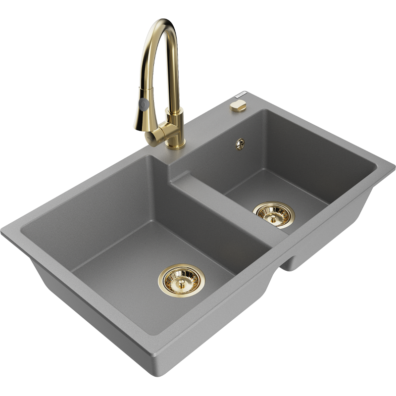 Mexen Tomas 2-compartment granite sink with a kitchen mixer tap Elia, Grey - 6516-71-670101-50