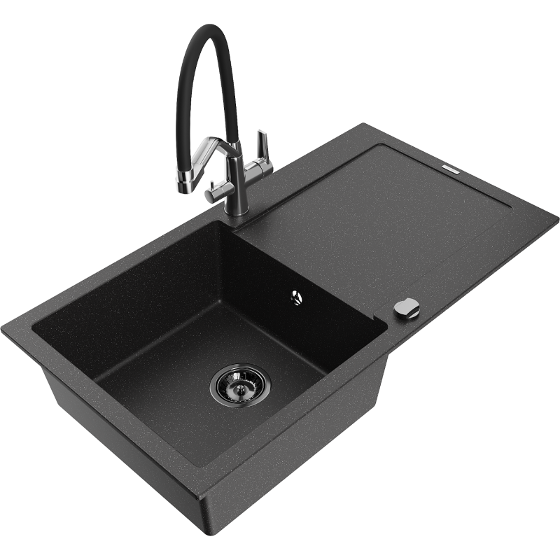 Mexen Leo 1-compartment granite sink with a drip tray and kitchen mixer tap Duo, Black/Silver metallic - 6501-73-671701-07-B