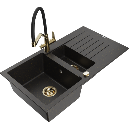 Mexen Matias 1.5-compartment granite sink with a drip tray and kitchen mixer tap Duo, Black/ gold metallic - 6502-75-671701-57-G