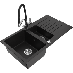 Mexen Matias 1.5-compartment granite sink with a drip tray and kitchen mixer tap Duo, Black - 6502-77-671701-07