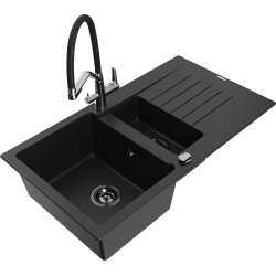 Mexen Matias 1.5-compartment granite sink with a drip tray and kitchen mixer tap Duo, Black - 6502-77-671701-07-B