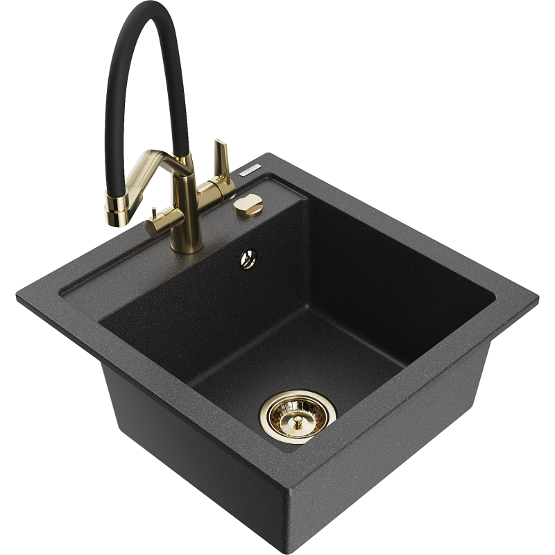Mexen Vito 1-compartment granite sink with a kitchen mixer tap Duo, Spotted black - 6503-76-671701-57-G