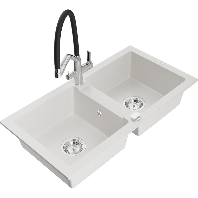 Mexen Mario 2-compartment granite sink with a kitchen mixer tap Duo, white - 6504-20-671701-07