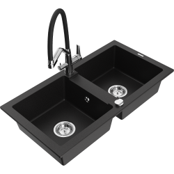 Mexen Mario 2-compartment granite sink with a kitchen mixer tap Duo, Black - 6504-77-671701-07
