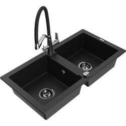 Mexen Mario 2-compartment granite sink with a kitchen mixer tap Duo, Black - 6504-77-671701-07-B