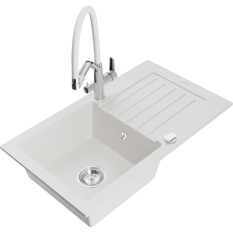 Mexen Pablo 1-compartment granite sink with a drip tray and kitchen mixer tap Duo, white - 6510-20-671701-02