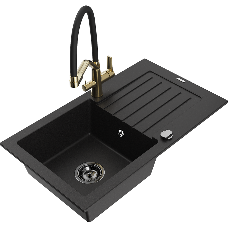 Mexen Pablo 1-compartment granite sink with a drip tray and kitchen mixer tap Duo, Black - 6510-77-671701-57-B