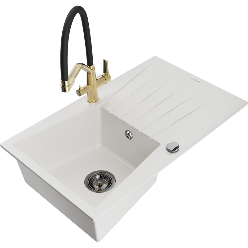 Mexen Cesar 1-compartment granite sink with a drip tray and kitchen mixer tap Duo, white - 6514-20-671701-57-B