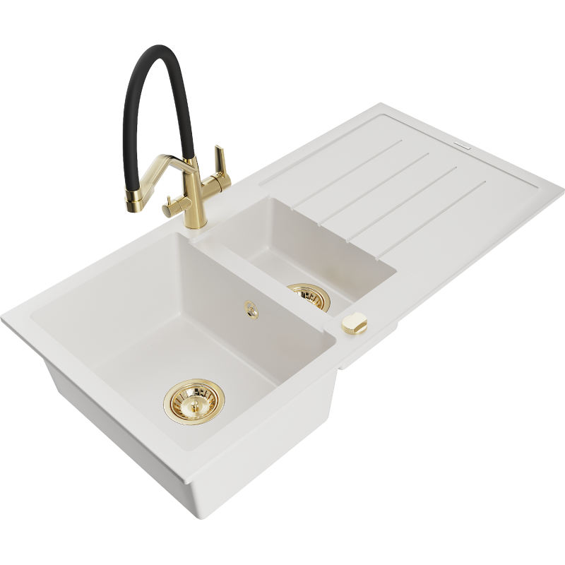 Mexen Andres 1.5-compartment granite sink with a drip tray and kitchen mixer tap Duo, white - 6515-20-671701-57-G