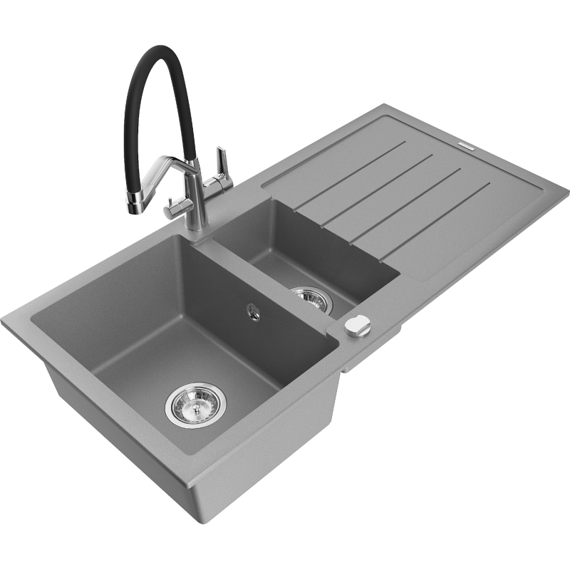 Mexen Andres 1.5-compartment granite sink with a drip tray and kitchen mixer tap Duo, grey - 6515-71-671701-07