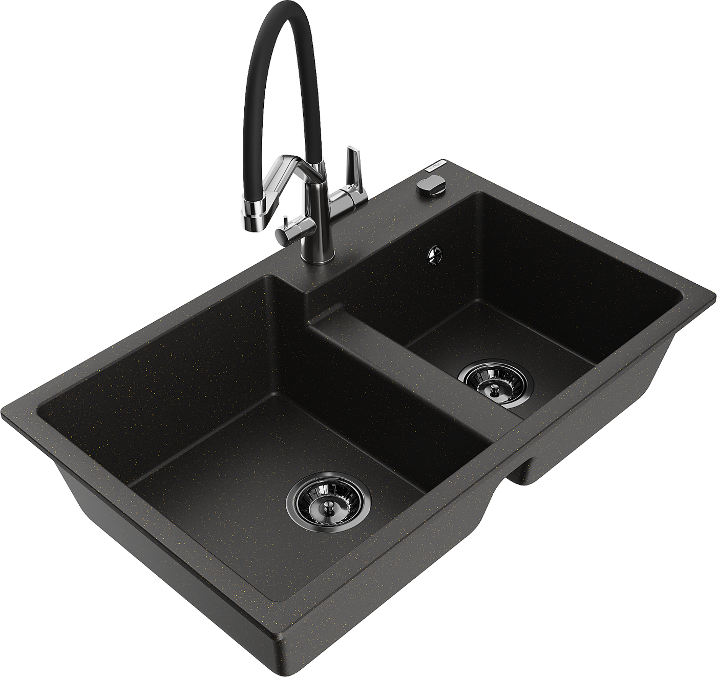 Mexen Tomas 2-compartment granite sink with a kitchen mixer tap Duo, Black/ gold metallic - 6516-75-671701-07-B