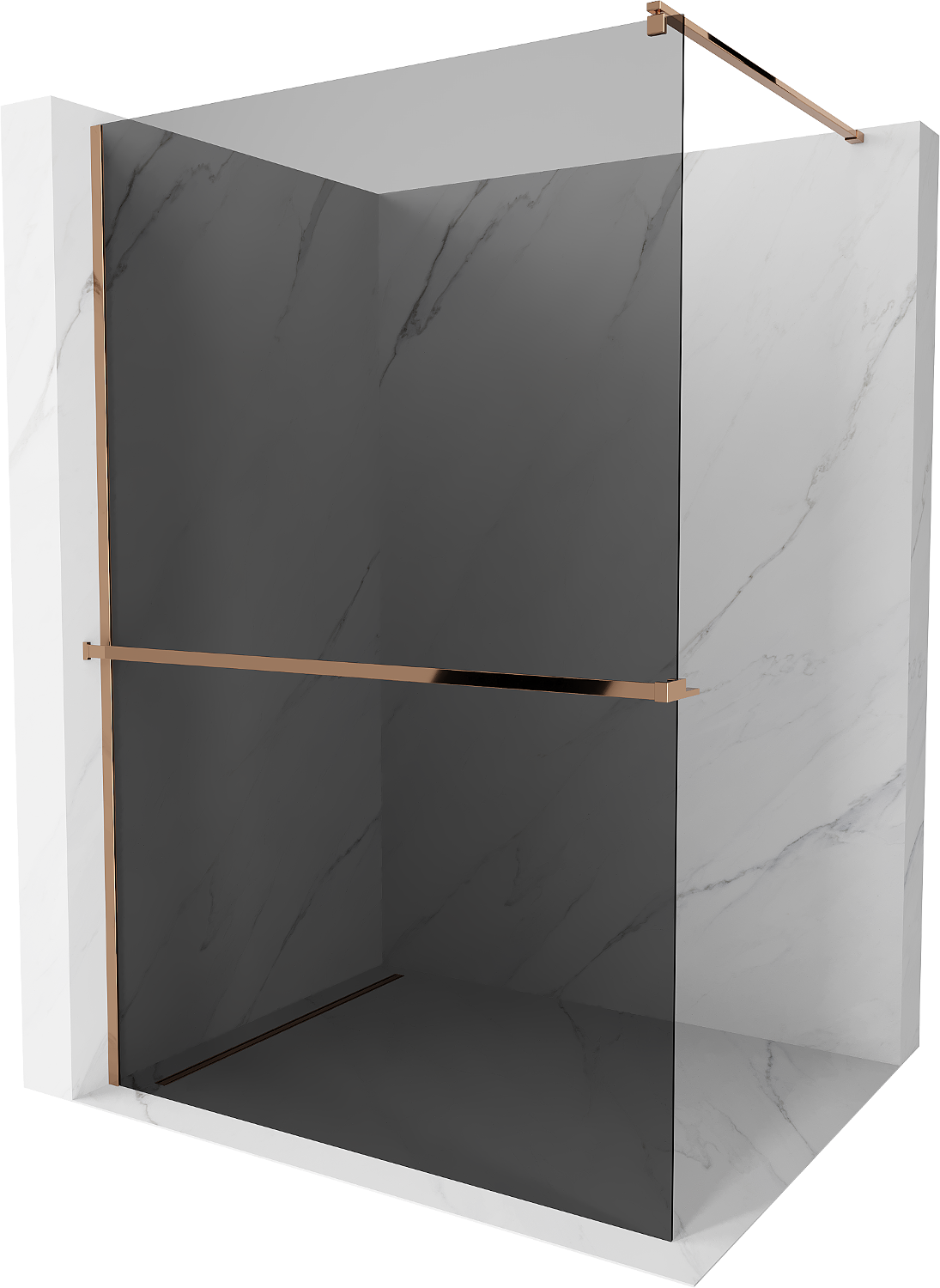 Mexen Kioto+ shower screen with a shelf and rail 90 x 200 cm, Graphite 8 mm, Rose gold - 800-090-121-60-40