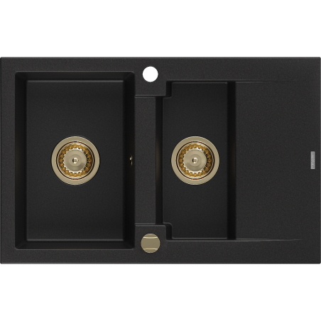 Mexen Gaspar 1.5-compartment granite sink with a drip tray 737 x 475 mm, Black, siphon Gold - 6507731505-77-G