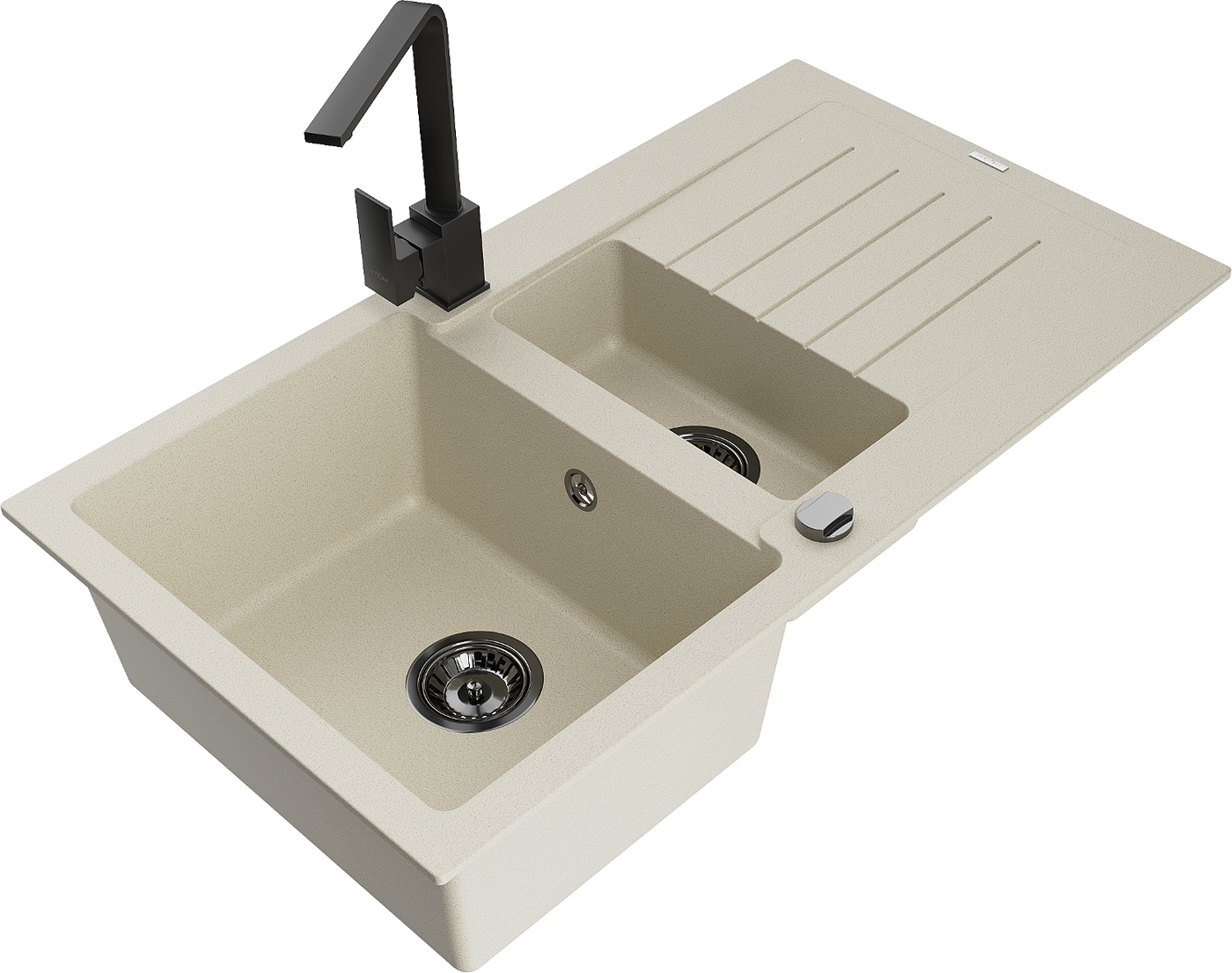Mexen Matias 1.5-compartment granite sink with a drip tray and kitchen mixer tap Rita, Beige - 6502-69-670300-70
