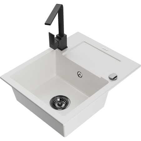 Mexen Enzo 1-compartment granite sink with a drip tray and kitchen mixer tap Rita, White - 6506-20-670300-70