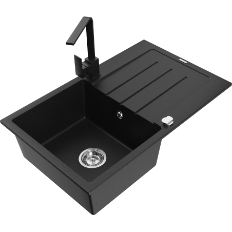 Mexen Bruno 1-compartment granite sink with a drip tray and kitchen mixer tap Rita, Black - 6513-77-670300-70