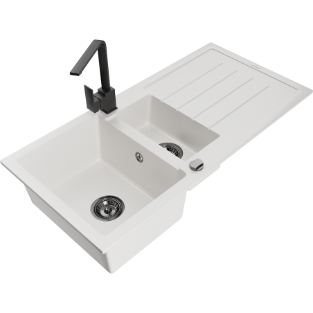 Mexen Andres 1.5-compartment granite sink with a drip tray and kitchen mixer tap Rita, White - 6515-20-670300-70