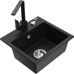 Mexen Milo 1-compartment granite sink with a kitchen mixer tap Rita, Black - 6505-77-670300-70