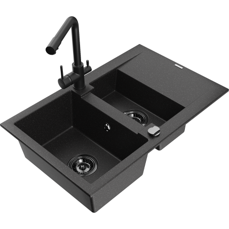 Mexen Gaspar 1.5-compartment granite sink with a drip tray and kitchen mixer tap Duero, Black/Silver - 6507-73-671600-70-B