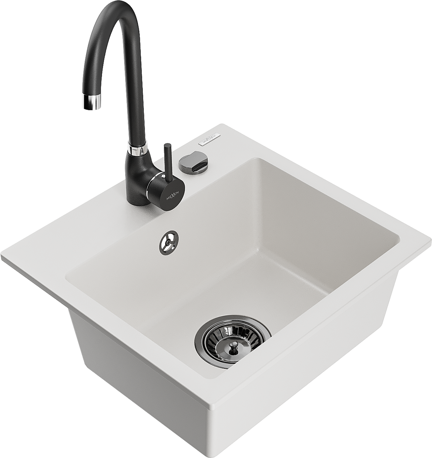 Mexen Milo 1-compartment granite sink with a kitchen mixer tap Telma, White - 6505-20-670200-70