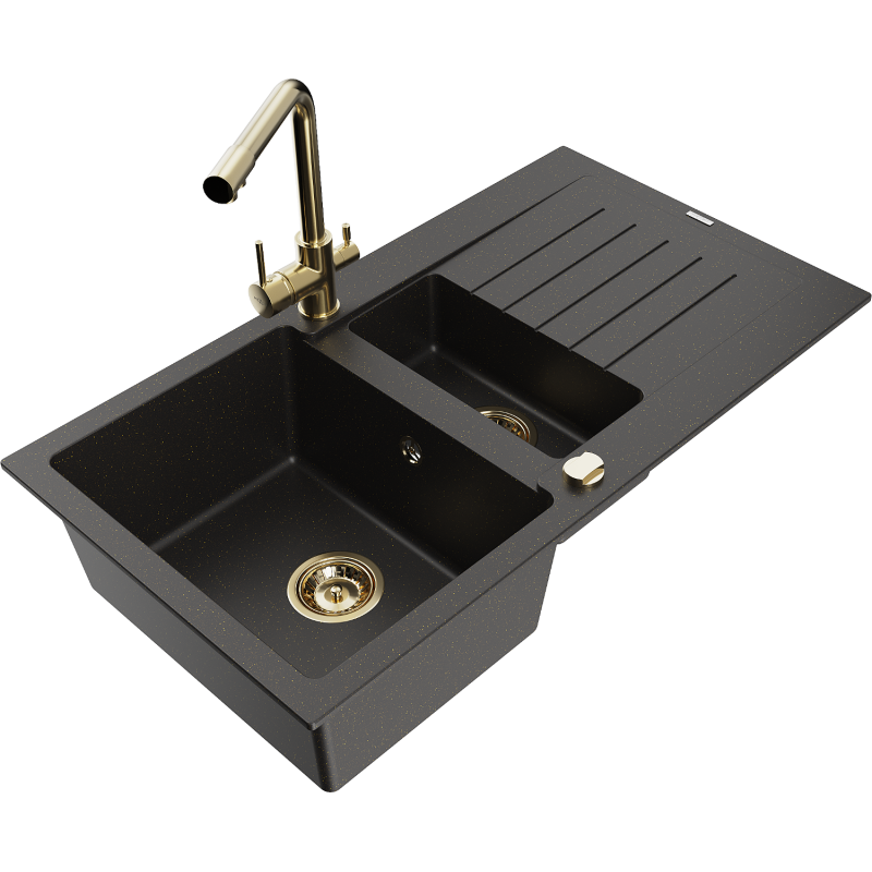 Mexen Matias 1.5-compartment granite sink with a drip tray and kitchen mixer tap Duero, Black/Gold metallic - 6502-75-671600-50