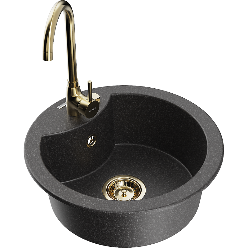 Mexen Diego 1-compartment granite sink with a kitchen mixer tap Telma, spotted black - 6512-76-670200-50